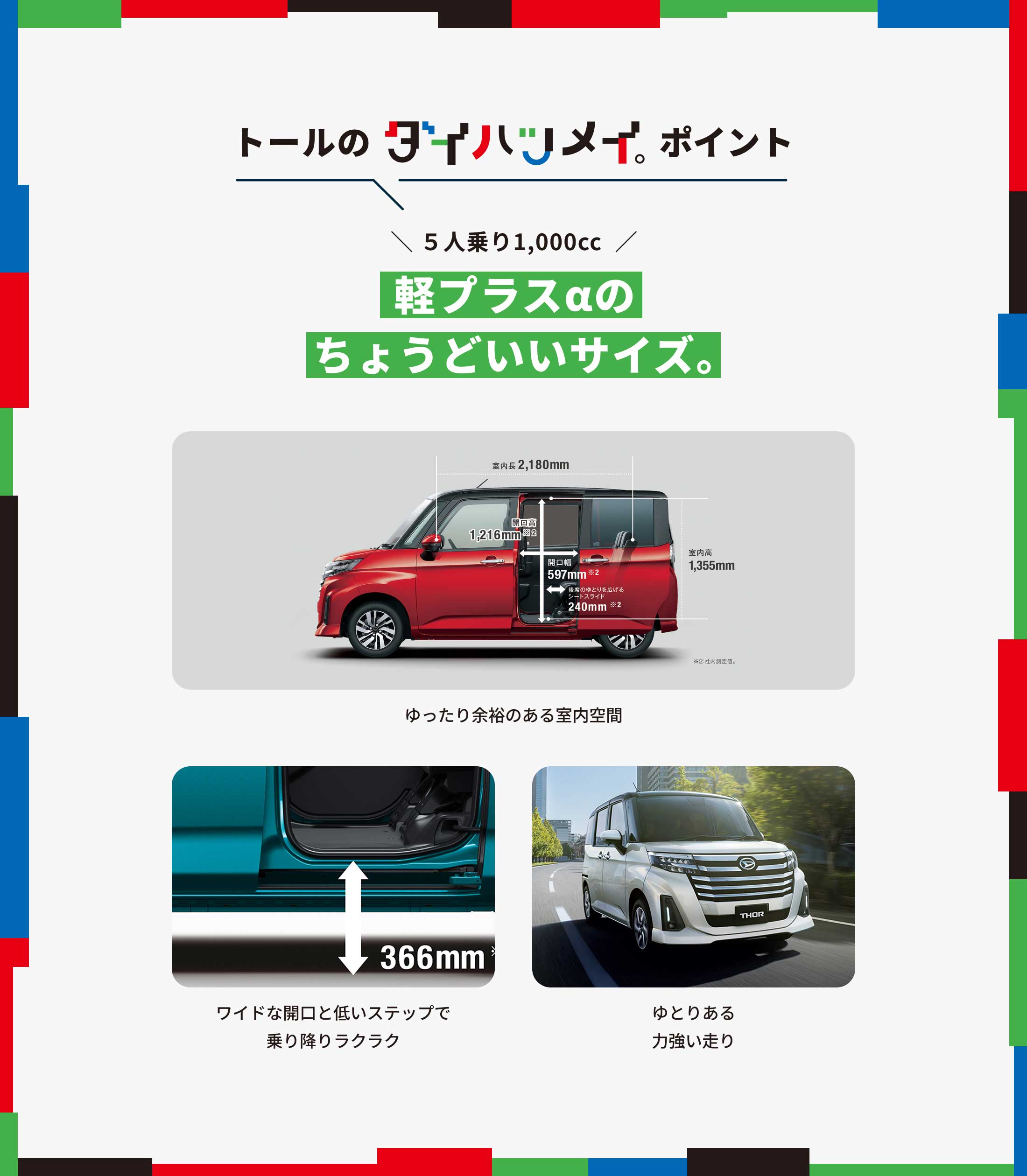 「トールのダイハツメイ。ポイント」\5人乗り1,000cc/軽プラスαのちょうどいいサイズ。